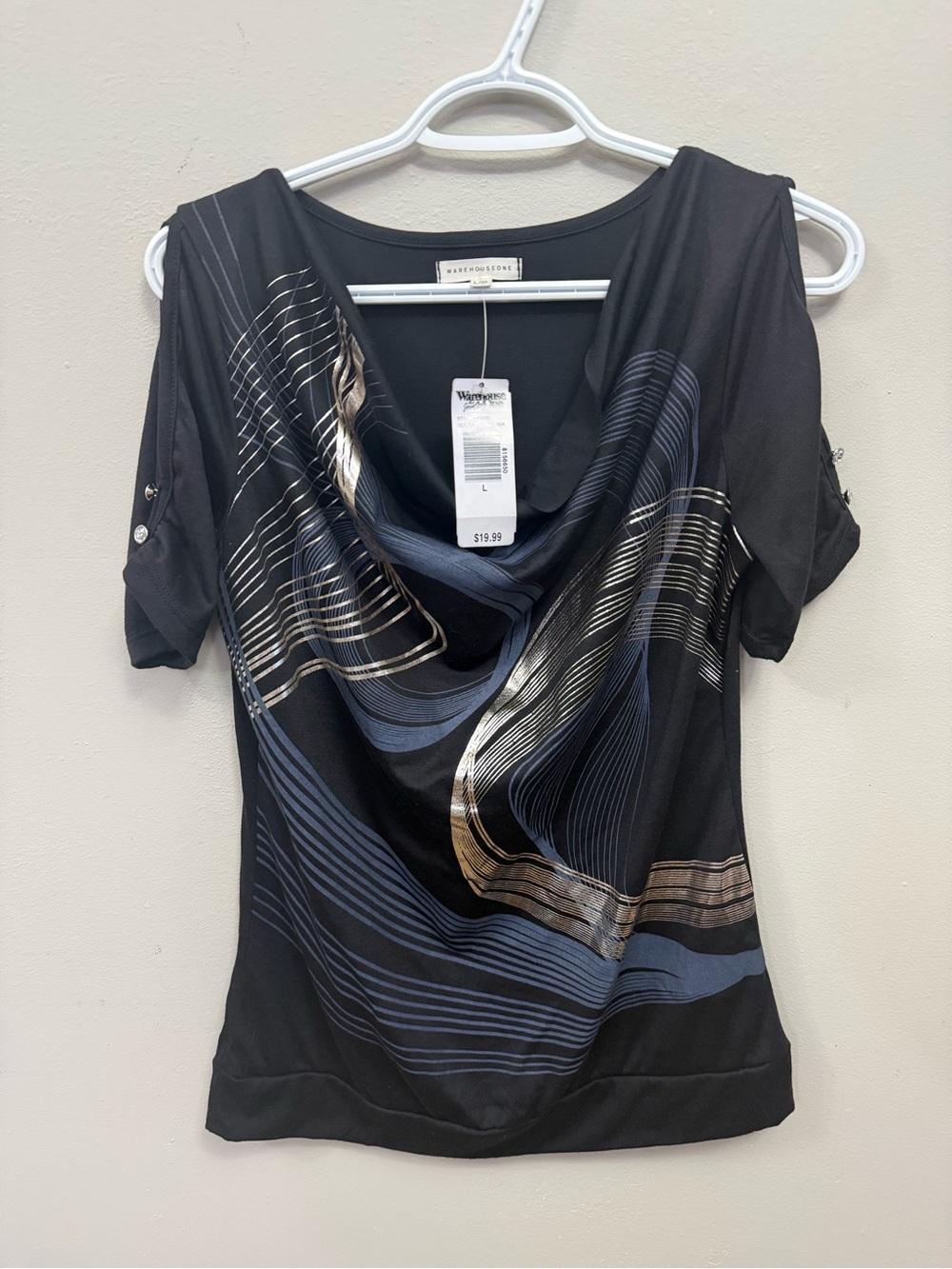 NWT Warehouse One Black Short Sleeve Cowl Neck Top with Slate & Gold Wave Print